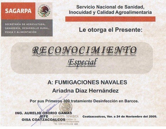 Reconocimiento especial por operaciones de desinfección cuarentenaria